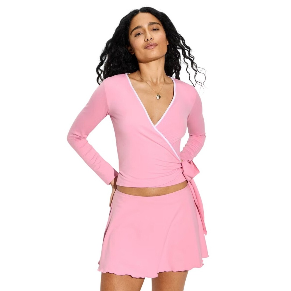 Wild Fable Women's Pink ButterBliss Long Sleeve Deep V Neck Wrap Top Size Small